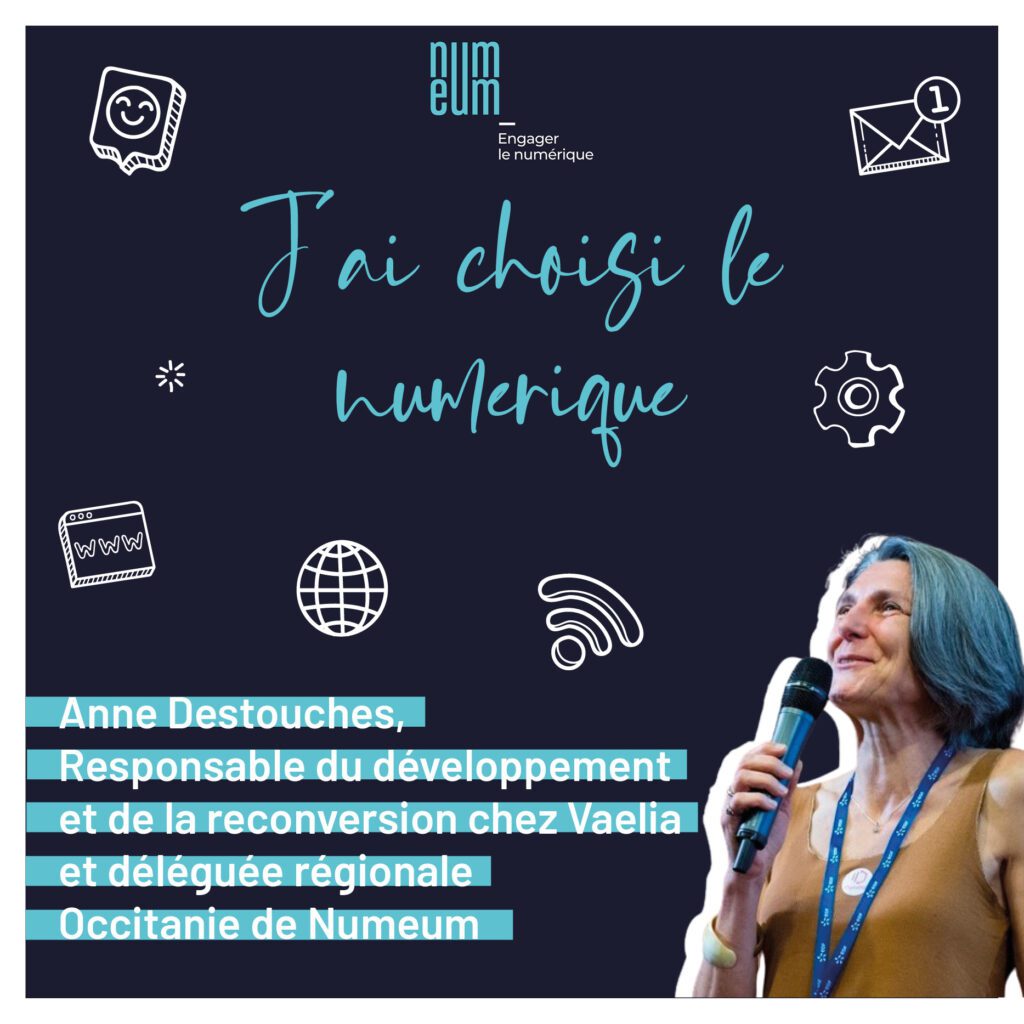 "J’ai choisi le numérique" est le podcast de la reconversion professionnelle vers les métiers du numérique. Il s’adresse aux personnes qui cherchent à travailler, se reconvertir, se former à ces professions. Pour ce nouvel épisode, nous recevons Anne Destouches, Responsable du développement et de la reconversion chez Vaelia et déléguée régionale Occitanie de Numeum.